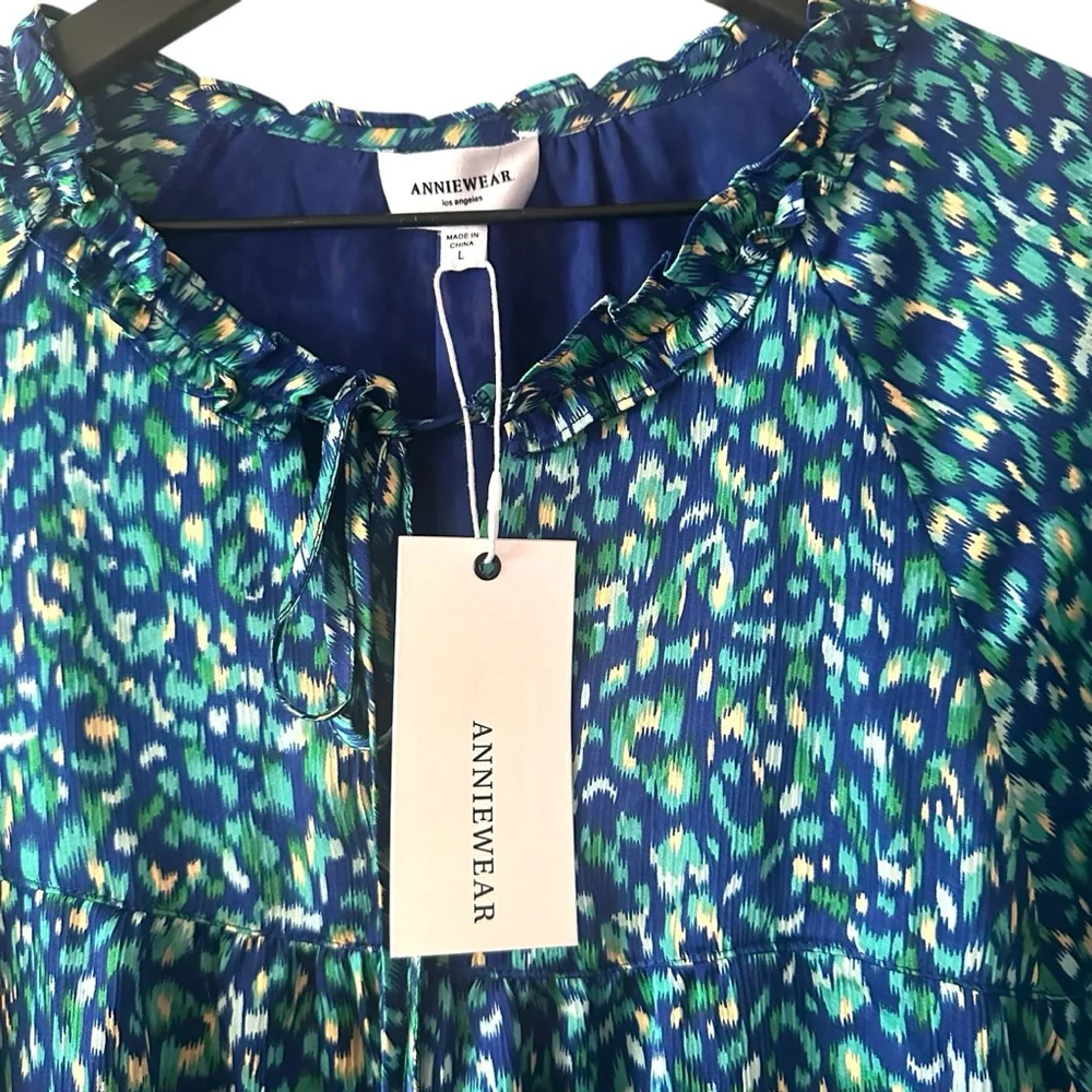 AnnieWear Los Angeles Boho Chiffon Blouse L Blue Green Ikat Ruffle Sleeve - Picture 4 of 10